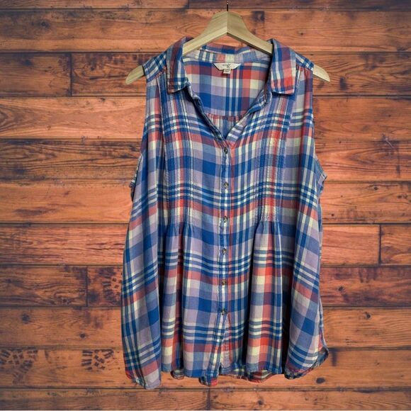 5 for $25🔥Terra & Sky Pink & Blue Sleeveless Plaid Shirt 1X (16W-18W) - Picture 1 of 5